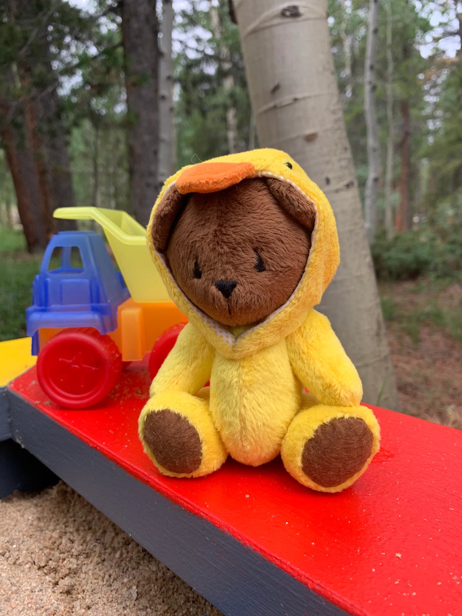 Teddy bear in a duck costume