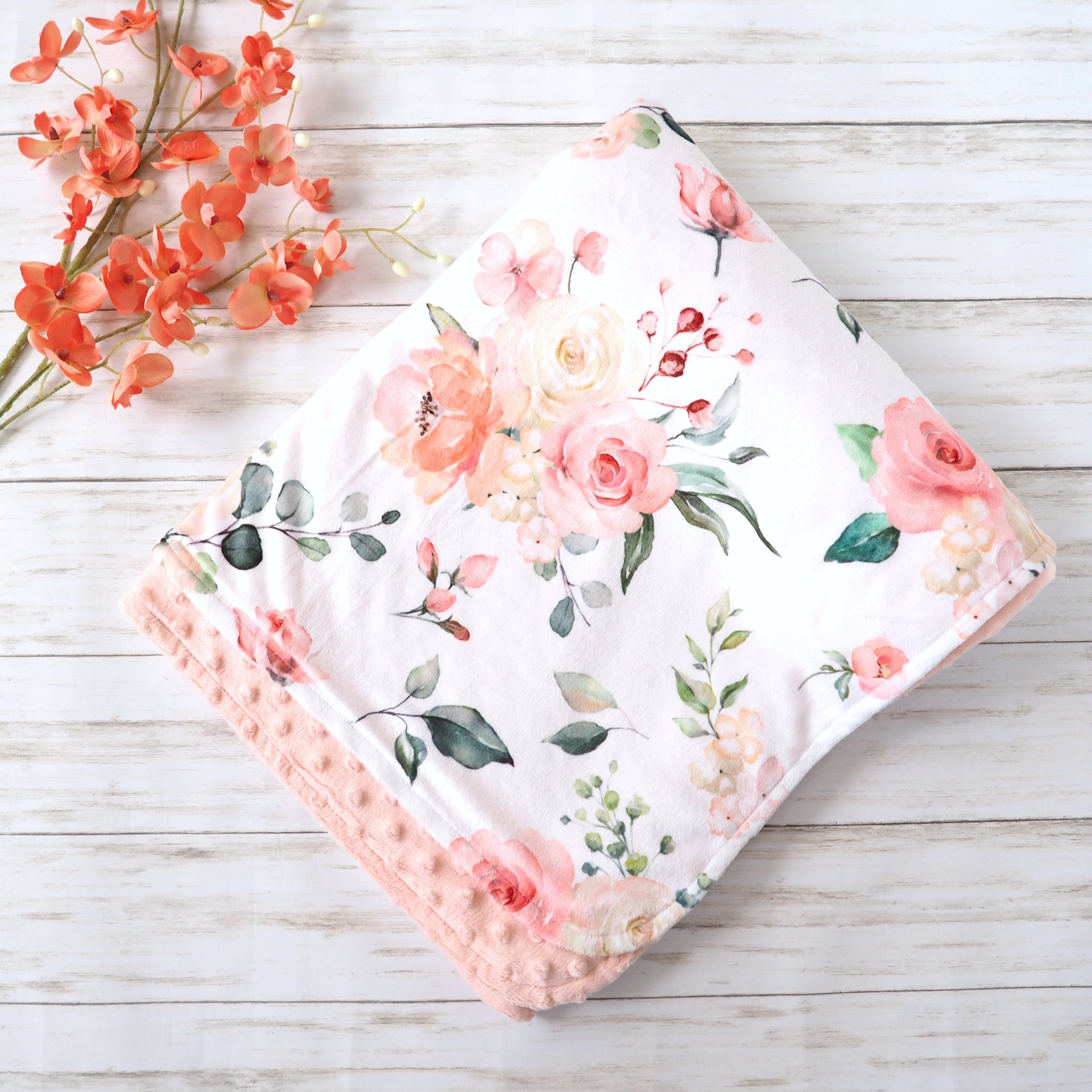Adult Throw Minky Blanket - Peach Floral (2 Sizes Available)