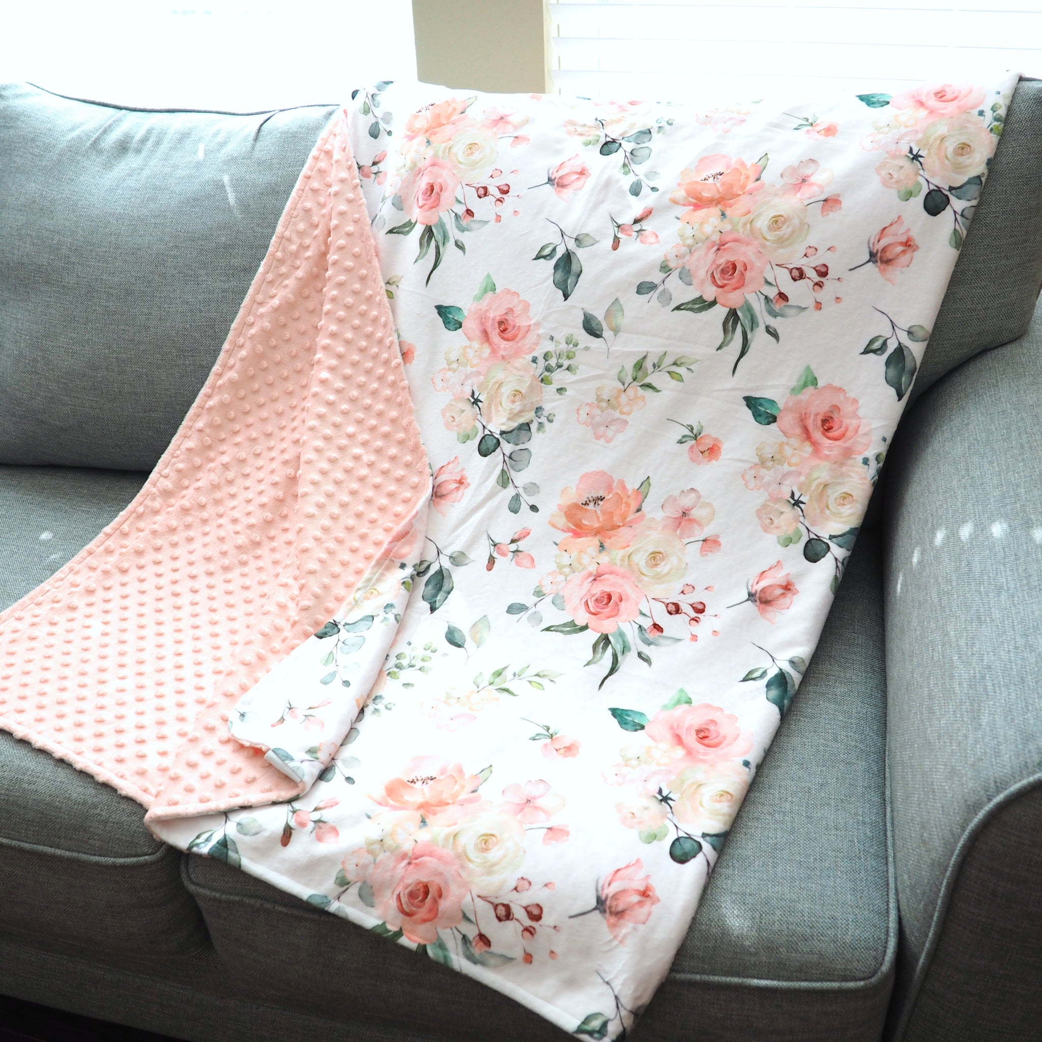 Adult Throw Minky Blanket - Peach Floral (2 Sizes Available)