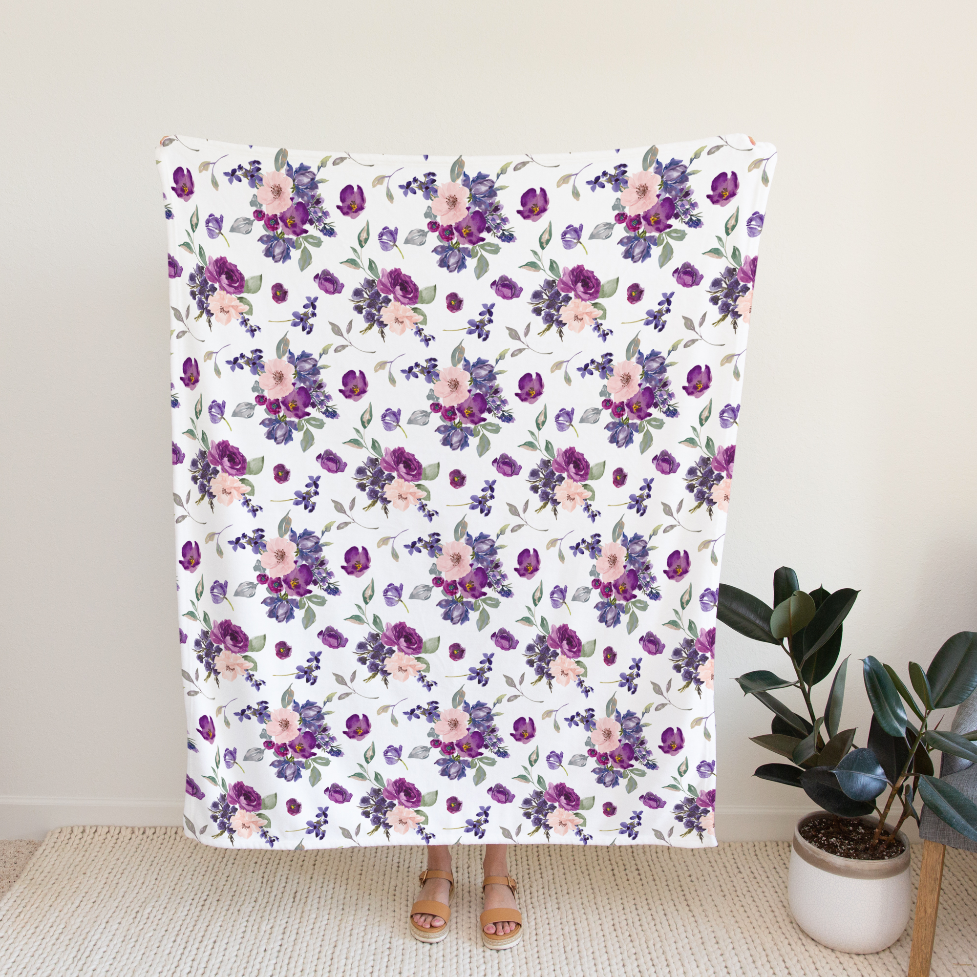 50x60 Adult Throw Minky Blanket - Purple & Blush Floral