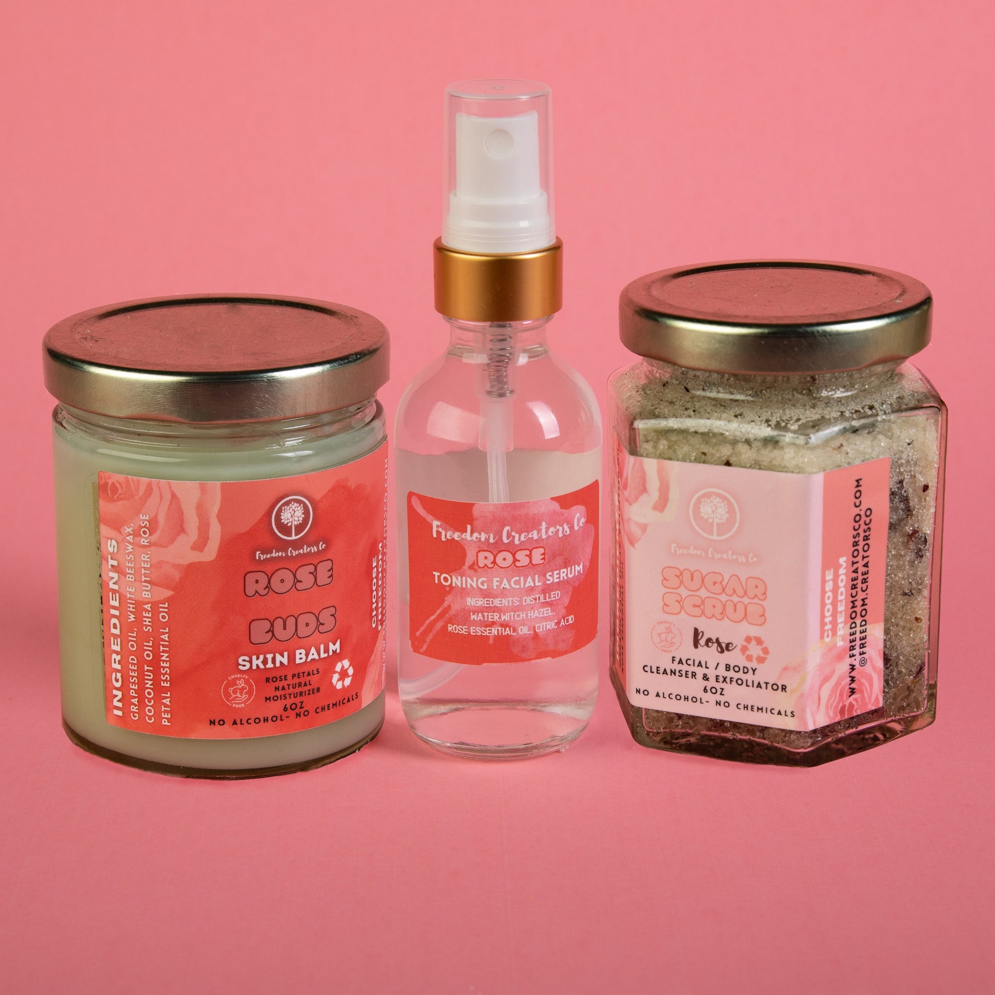 Rose Skin Care Pack with Skin Balm, Toner, and Sugar Scrub
