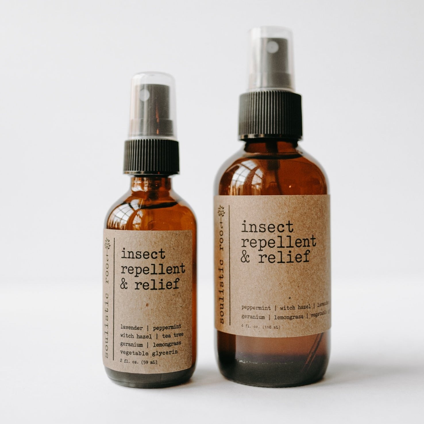 Bug spray that is an insect repellent and bug bite relief. 2 oz and 4 oz amber spray bottles