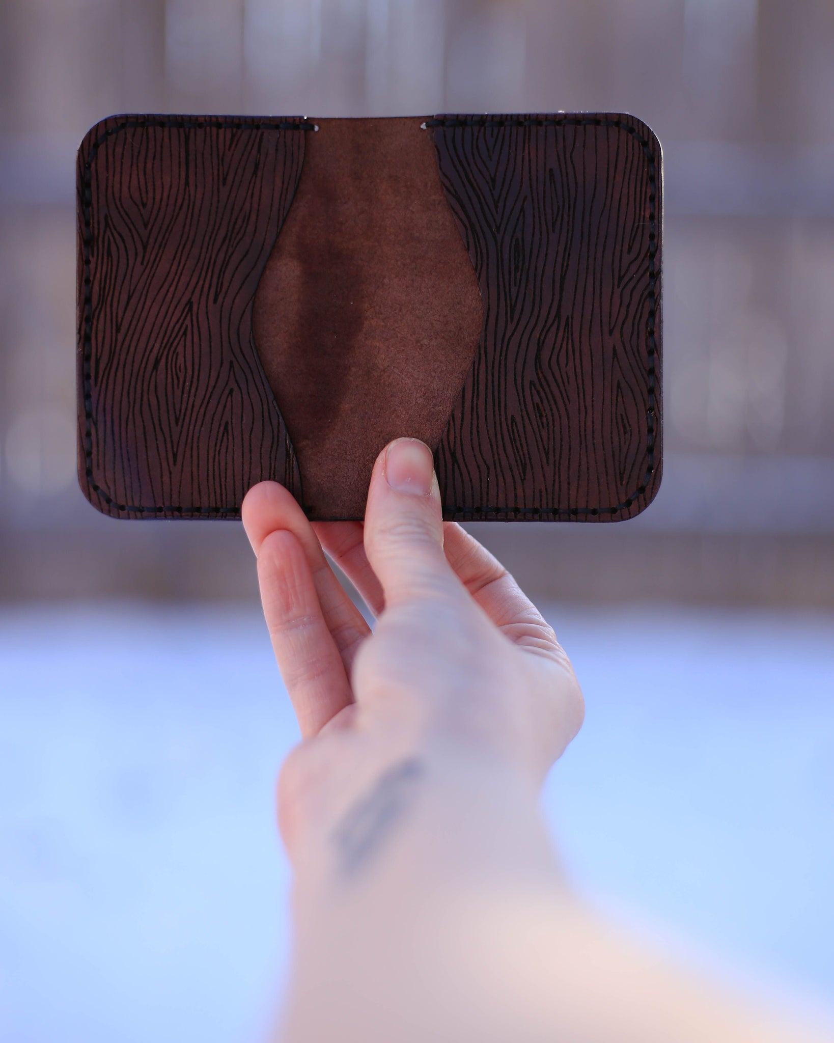Leather Card Holder with Wood Grain Pattern