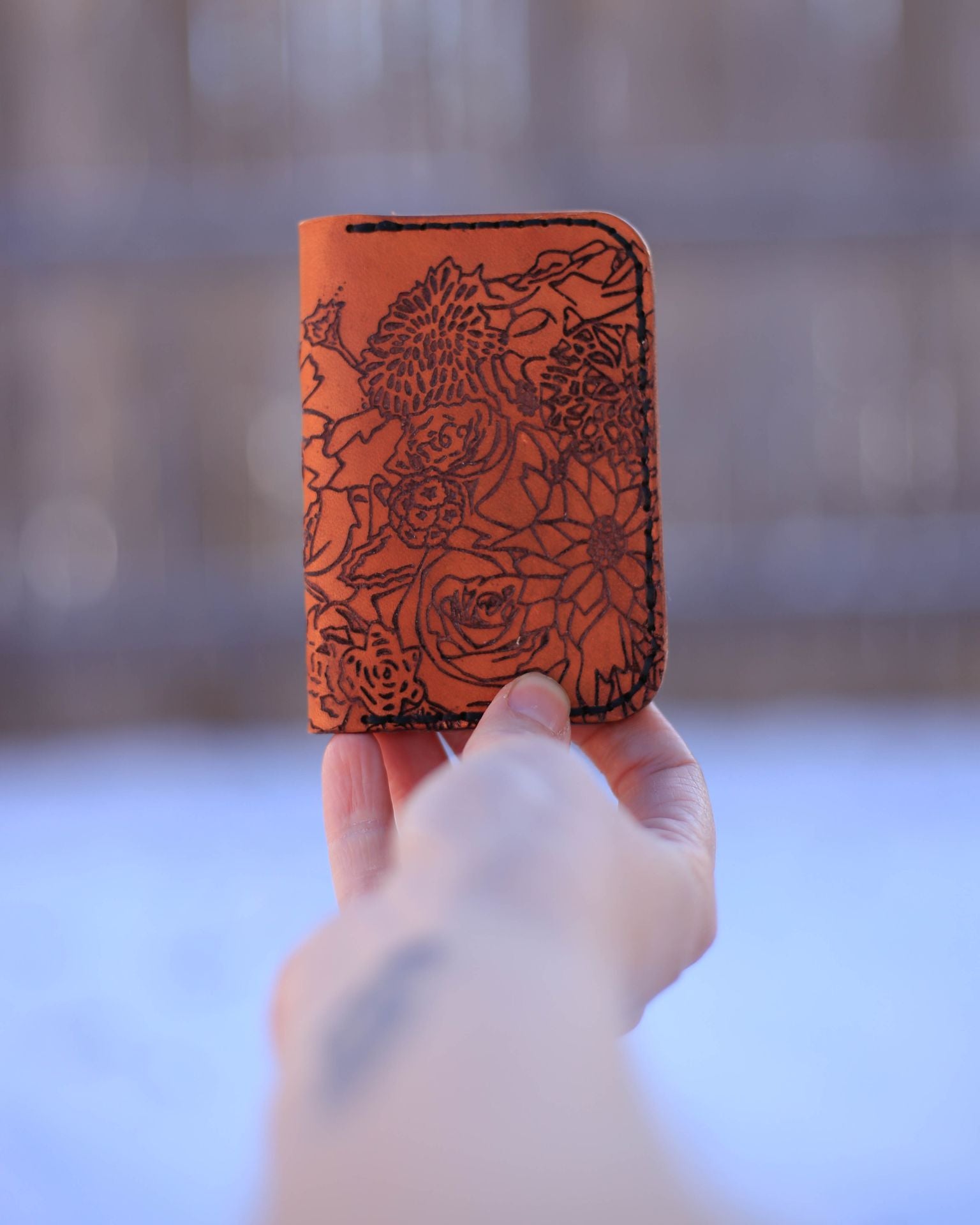 Leather Card Holder with Flower Pattern